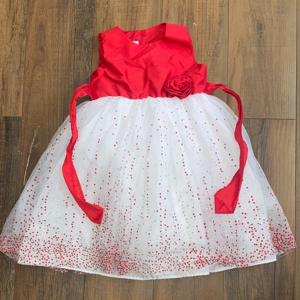 Girls' Red & White Holiday Tulle Dress with Rosette
